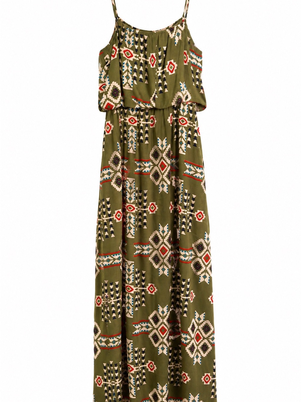 Olive Green Aztec Print Women's Maxi Dress